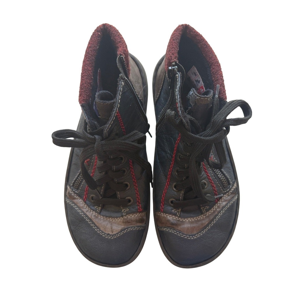 Rieker Ankle Boots Women 39 Black Leather Wool Trim‎ Lace Up Zip FLAW